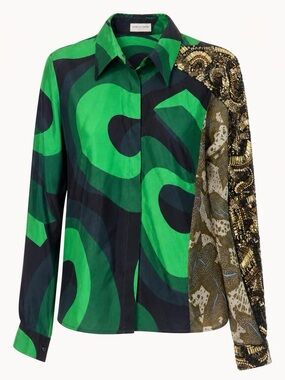 Dries Van Noten Abstract Green Black Embellished Button Front Blouse Size 38